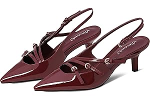 Burgundy Kitten Heels for Women: Pointed Toe Comfort Pumps with Buckle Strap