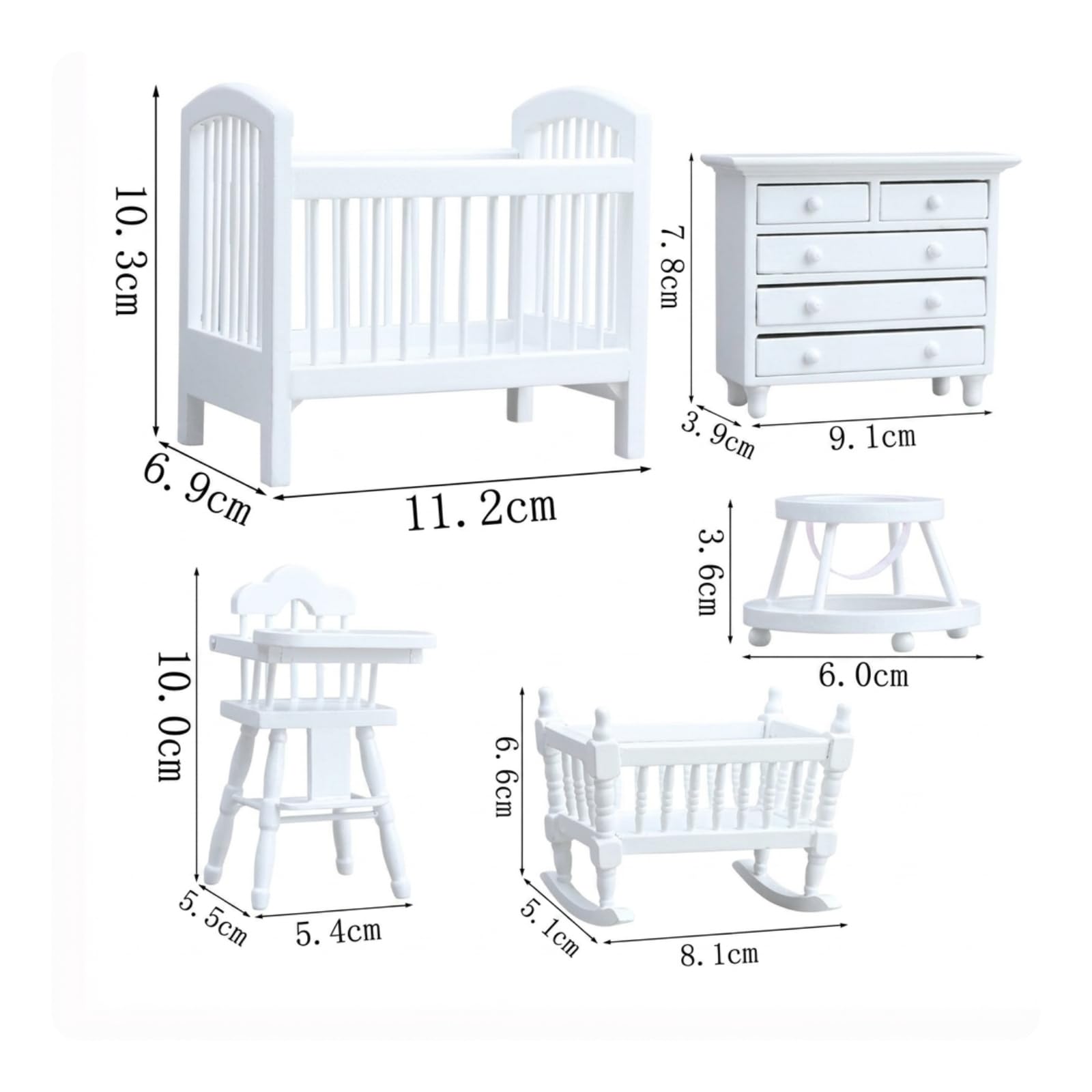 Harilla 5 Pezzi Casa Delle Bambole Miniatura Set Asilo Nido Arredo Culla Seggiolone Culla a Dondolo Giocattolo a Rotelle Credenza Legno E Compensato