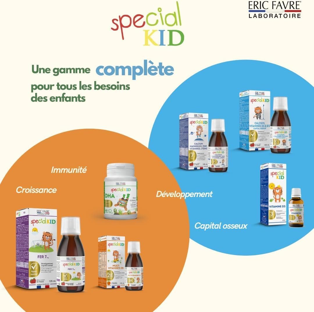 SPECIAL KID MULTIVITAMINES 28 - Croissance & Développement Osseux - 125 ml - Vitamines A, B, C, D3, E, Calcium, Magnésium, Zinc, Fer - Saveur Orange - Bouchon Doseur - Lot 3 - Eric Favre Laboratoire