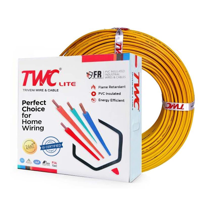 TWC Lite Single Core Electrical Wire |Yellow, 10 Meter, 0.75 SQ.MM. |PVC electrical insulated copper wire | Cable for Domestic & Industrial Connection purpose | Flame Resistant |