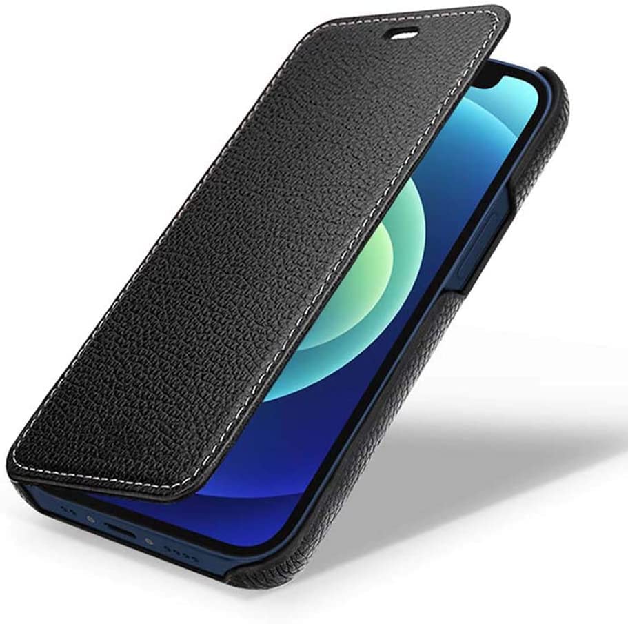 Étui en cuir iPhone 12 Pro Max à motif Litchi clapet antichoc noir
