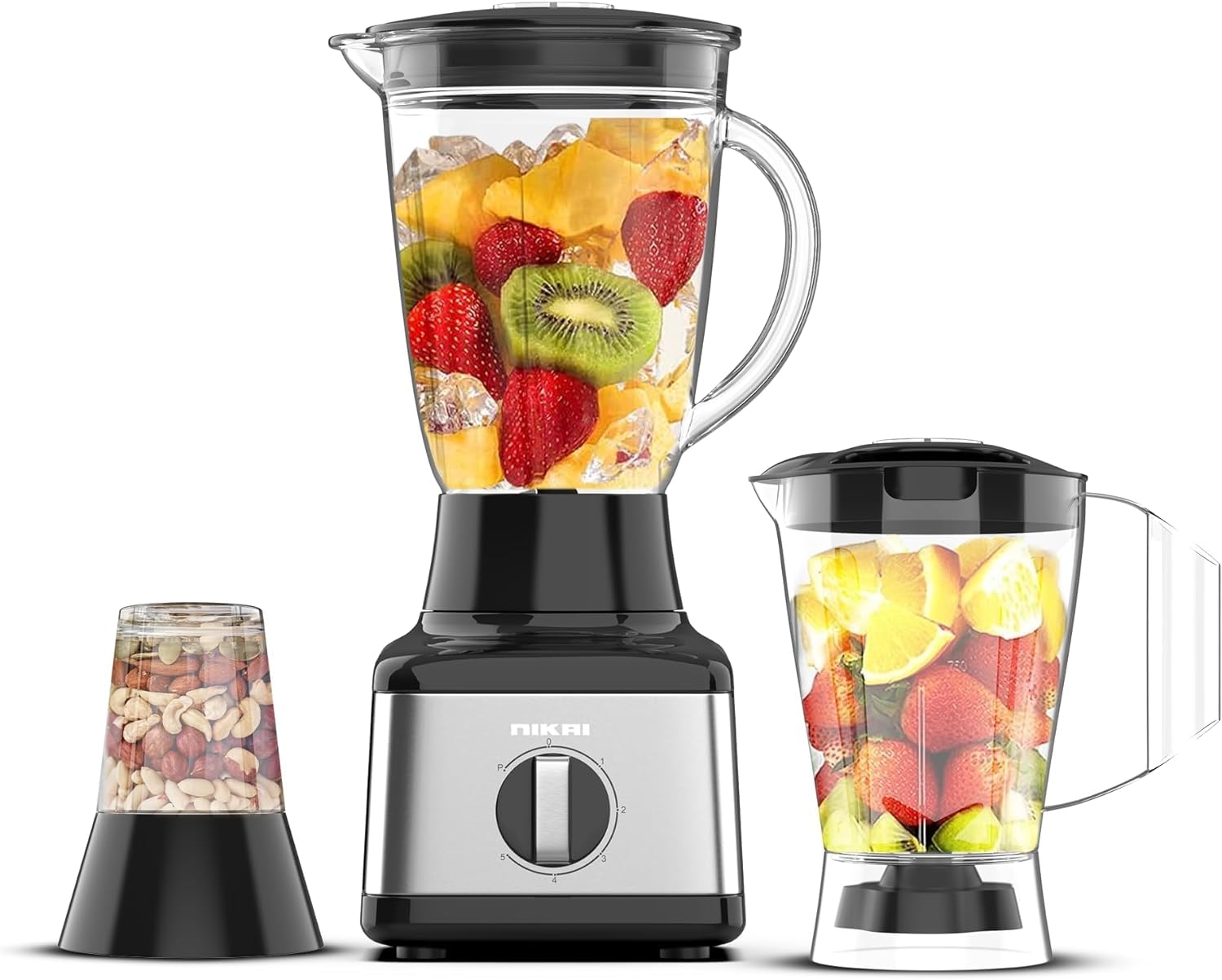 3 in 1 Blender with 500W, St Steel Blades, Multifunctional Grinder, Glass & Plastic Jugs, 5 Speeds + Pulse, Perfect for Dry & Wet Fine Grinding, Mixing & Juicing - NB3900GEB - 2 Years Warranty