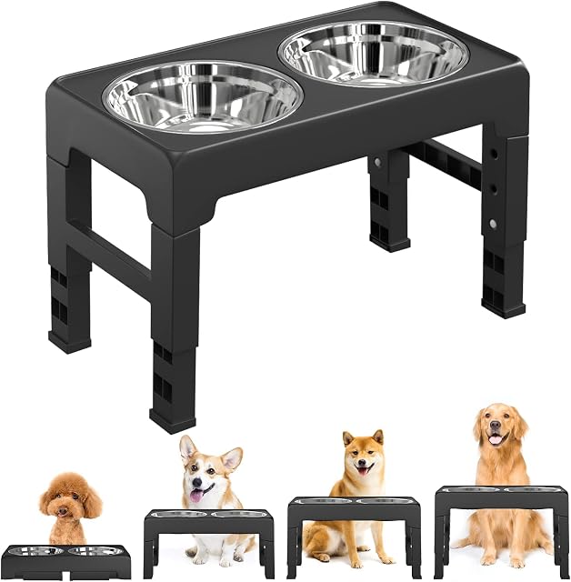 Lewondr Raised Dog Bowls, 4 Heights (3",9",10",12") Adjustable Raised Dog Bowls with Stand Stainless Steel Double Elevated Dog Bowls Non-Slip Dog Food and Water Bowl for Large Medium Small Dogs Cats