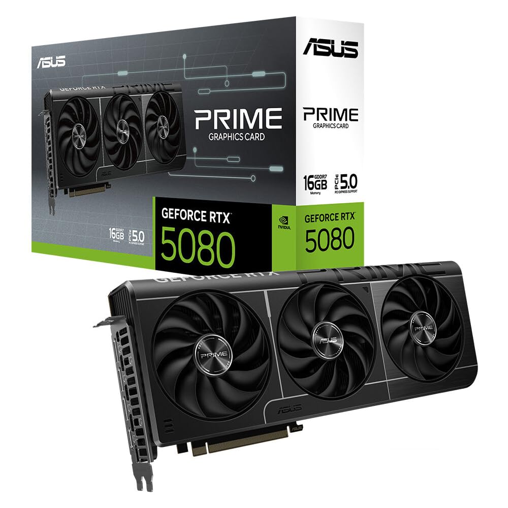 ASUS Prime GeForce RTX 5080 16GB GDDR7 Tarjeta gráfica Compatible con SFF (PCIe 5.0, 16 GB GDDR7, HDMI/​DP 2.1, 2.5 Ranuras, Ventiladores Axial-​Tech, cámara de Vapor, BIOS Dual)