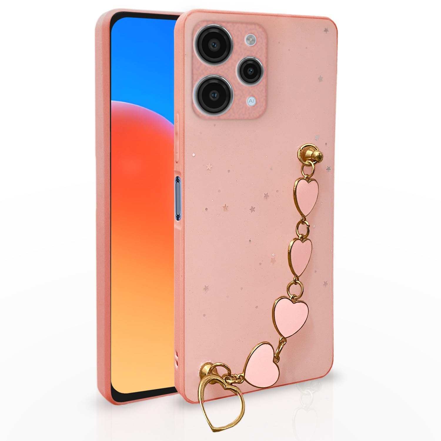 Amazon Basics Back Cover for Redmi 12 4G | Heart Shaped Metal Chain Blocks Sparkling Soft TPU Bumper case for Girls (Pink)