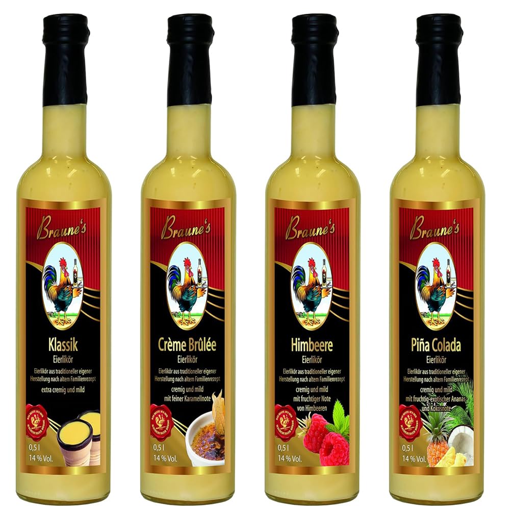Braunes Eierlikör Hell Eierlikör-Set Probier-Paket (4 Flaschen je 0,5 Ltr.) 14% vol - cremig und dickflüssig - Traditionelle Herstellung - Manufaktur (Klassik, Crème Brûlée, Himbeer und Piña Colada)