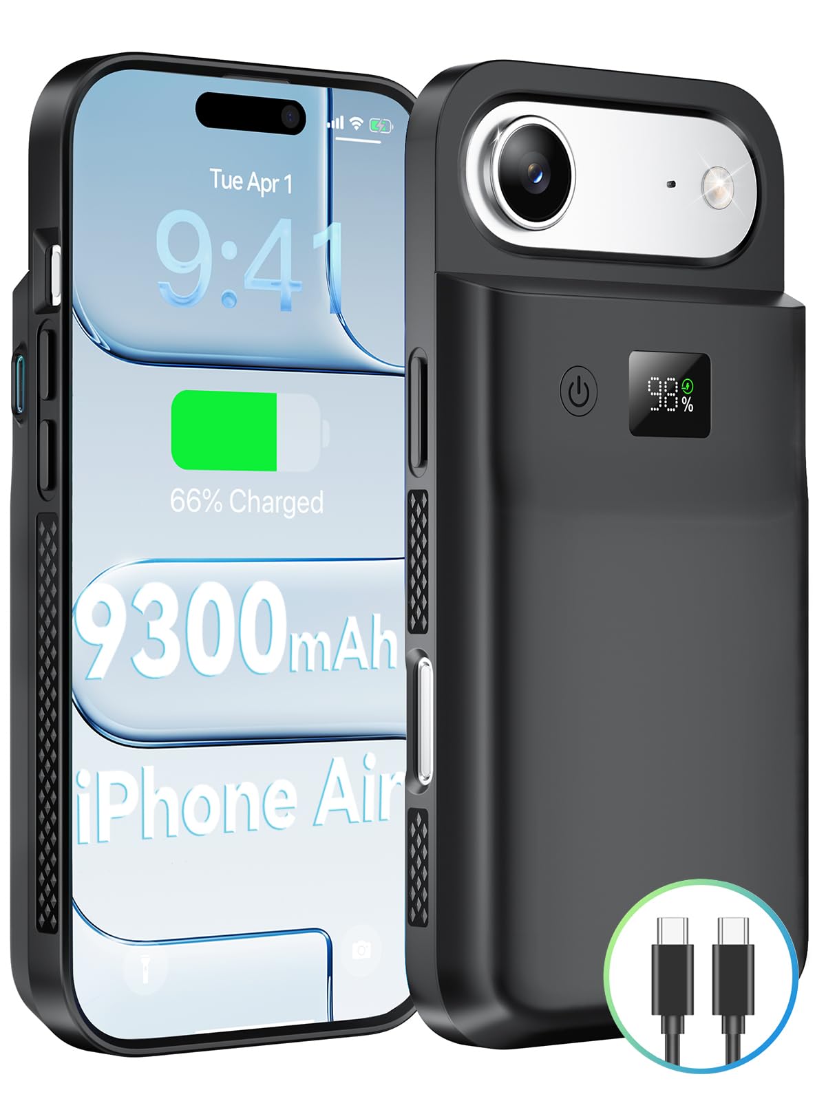 NEWDERY Battery Case for iPhone 17 Air, Fast Charging Case 9300mAh Portable Protective Wireless Support Carplay Compatible with iPhone 17 Air 6.5 inch Rechargeable Battery Charger Cover(Black)