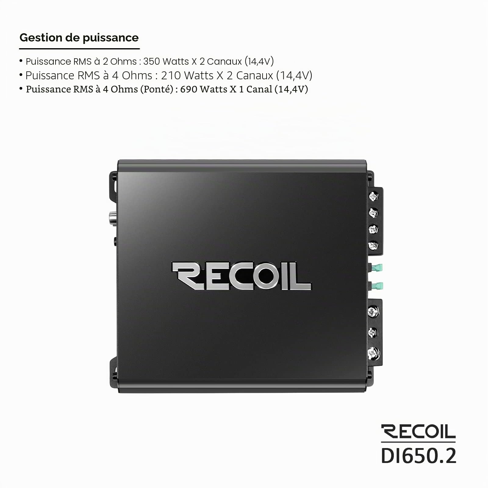 RECOIL DI650.2 Ampli 2 Canaux Classe D 1400W Pontable Subwoofer Voiture | 2-4 Ohms Stable, MOSFET, LPF, HPF, Contrôle Graves