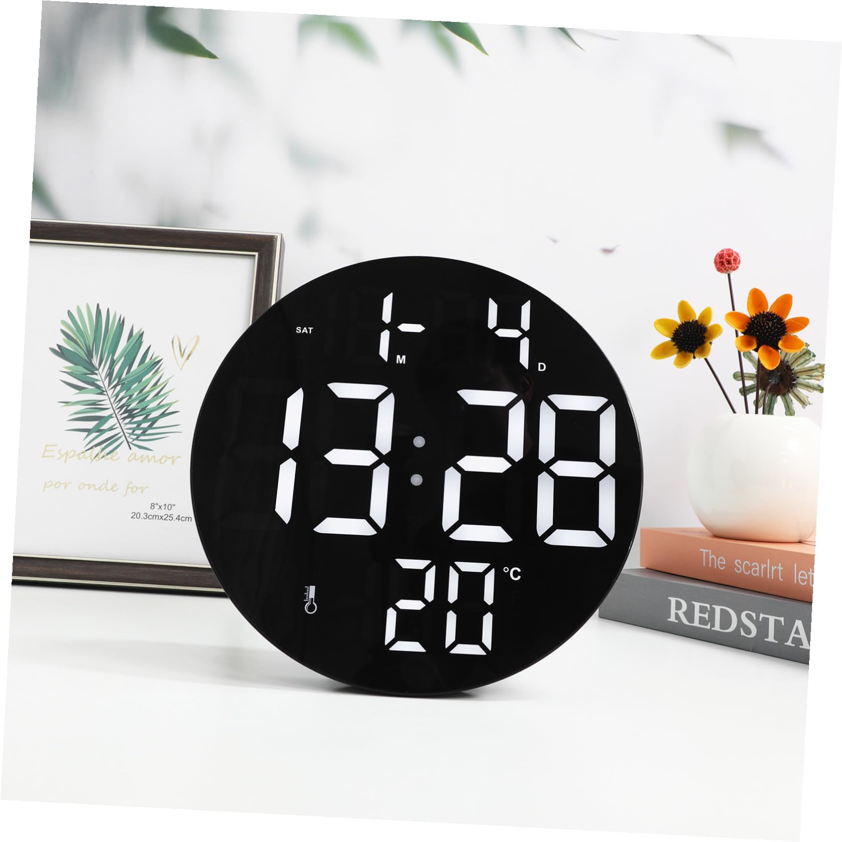 Toyvian Digitale LED Runduhr mit Fernbedienung und Großem Display Kunststoffgehäuse Datums und Temperaturanzeige Batteriebetriebene Funkwanduhr für Wohnzimmer und Büro