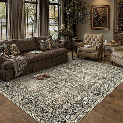 Vintage Area Rug 7x9 Brown Washable Living Room Large Carpet Non Slip Bedroom Indoor Office Low Pile Traditional Distressed Retro Accent Rug for Dining Room Kitchen 7' x 9' (Rectangular) Acc