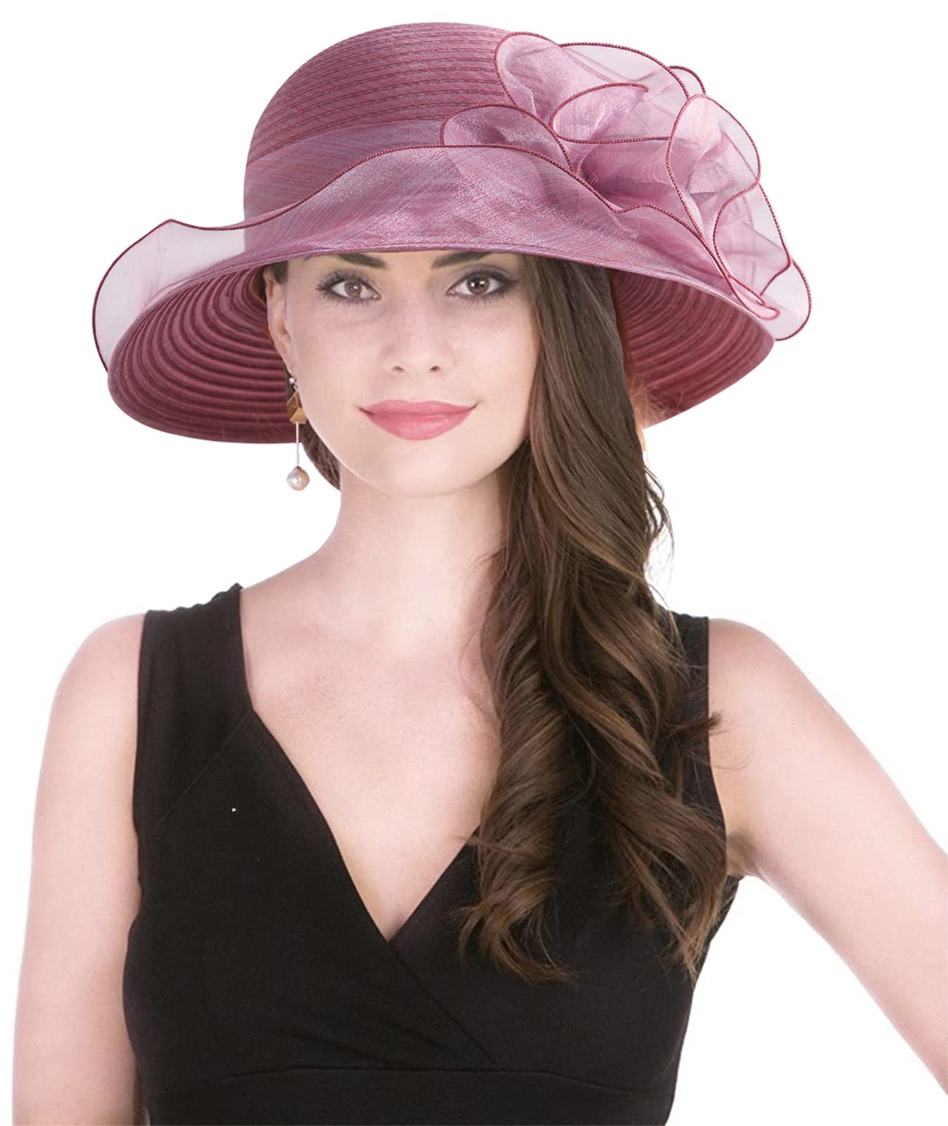 TLMNU Organza Fascinator Hat - Women’s Wide Brim Church Bridal Tea Party Wedding Hat, 05darkpurple, One Size