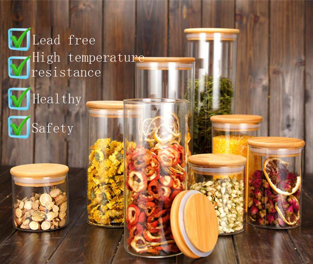 2 recipientes vacíos de vidrio transparente grueso para el hogar, cocina, almacenamiento de alimentos, ollas con tapas de madera herméticas, botellas herméticas para café, granos, té, azúcar, 5
