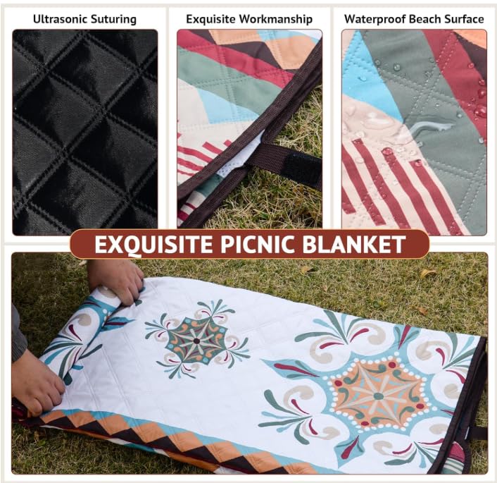 Image of Picnic Blanket Waterproof Camping Mat 200cm Large Beach Picnic Mat with Portable Handy Tote for Travel Sports Home Yoga Park Grass Mat for Baby (Maroon Diamond Pattern)