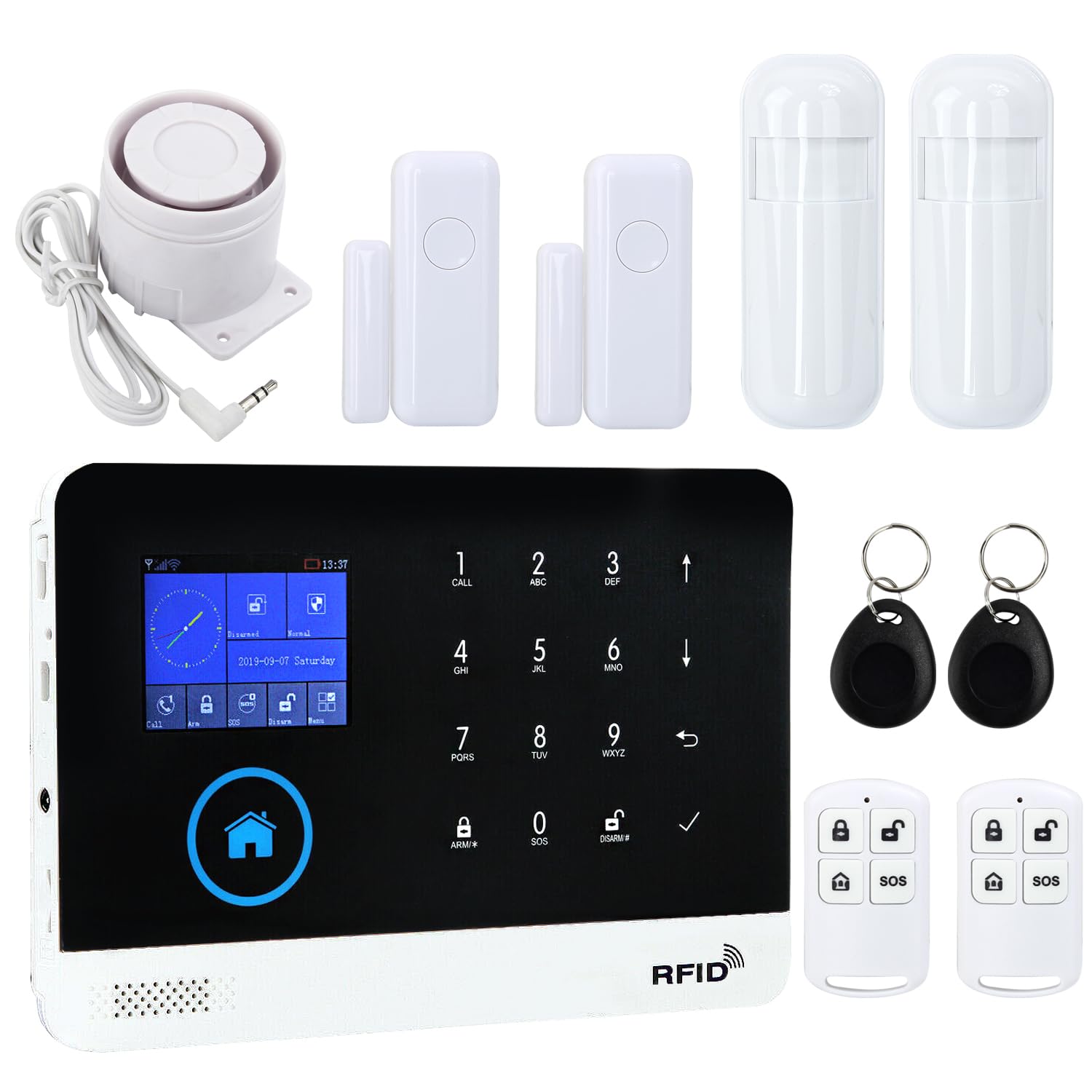 Discoball Système d'alarme de sécurité sans fil avec détecteur de mouvement, capteur de porte/fenêtre et télécommande, fonctionne avec Smart Life, application Tuya et Alexa, sans frais mensuels (kit