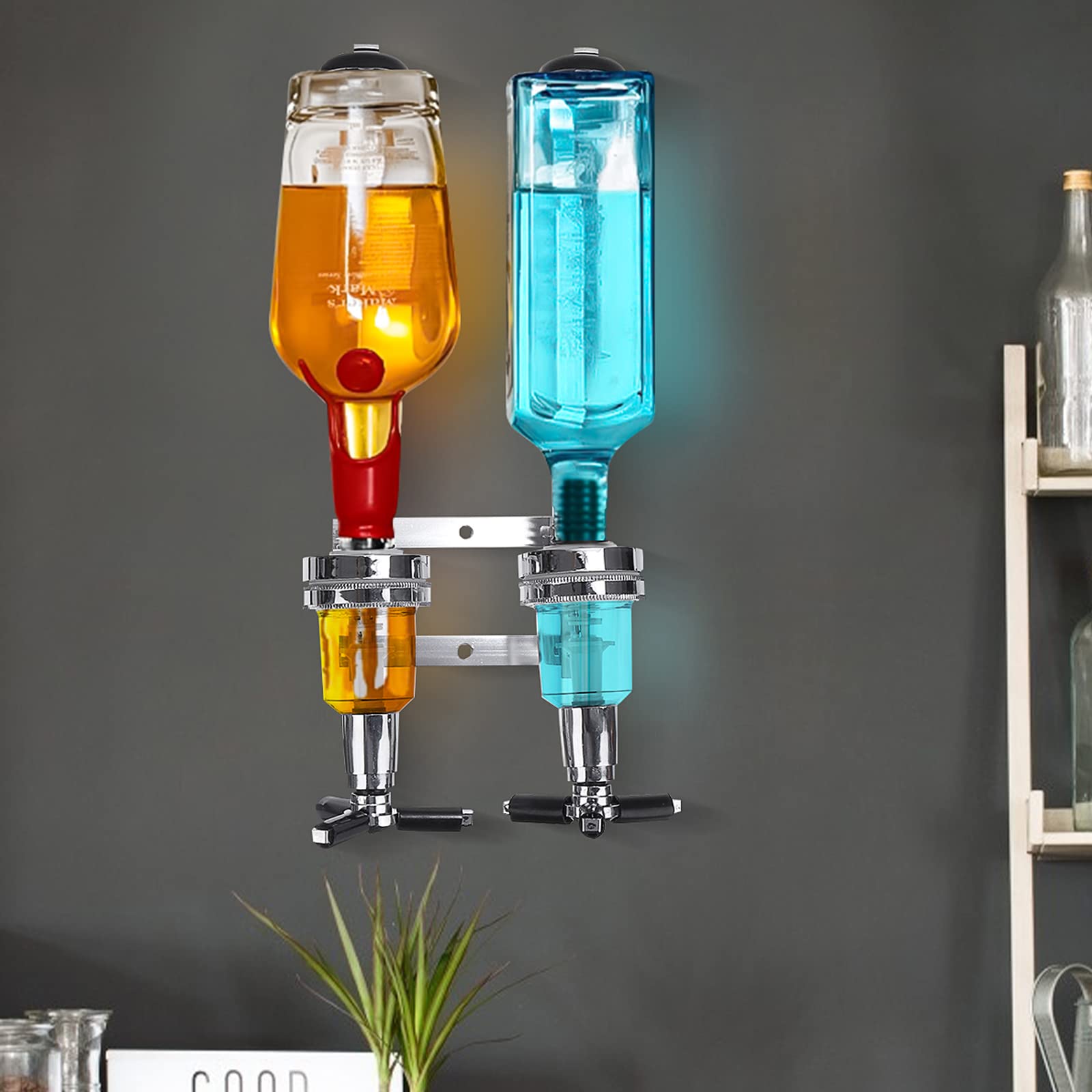 Acboor Borreldispenser, dubbele kop-dispenser, flessenhouder, wandgemonteerde flessenstandaard, aluminium doseerder, wand, 2 kops, gemonteerde bar, wandmontage, dispenser, sterke drank voor gezinnen, cocktailparty's