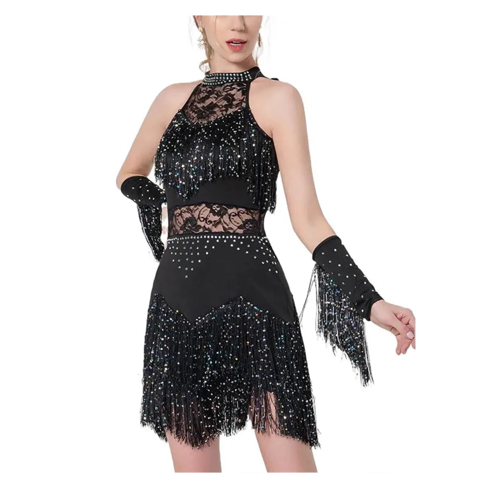Lateinische Tanzkleidung Frauen Strass Spitze Latin Kleid Fransen Rock Ballsaal Salsa Samba Rumba Dancewear Party Bühne Kleidung Anzug und Armband(Red,M)