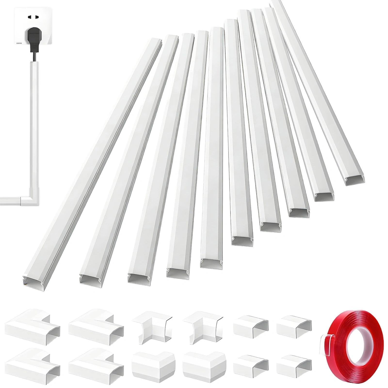 4M Cable Trunking Kit, Self Adhesive Wire Trunking for Wall, Cable Management to Hide Wires on Wall, Paintable Conduit Trunking for TV Cords, White Cable Cover