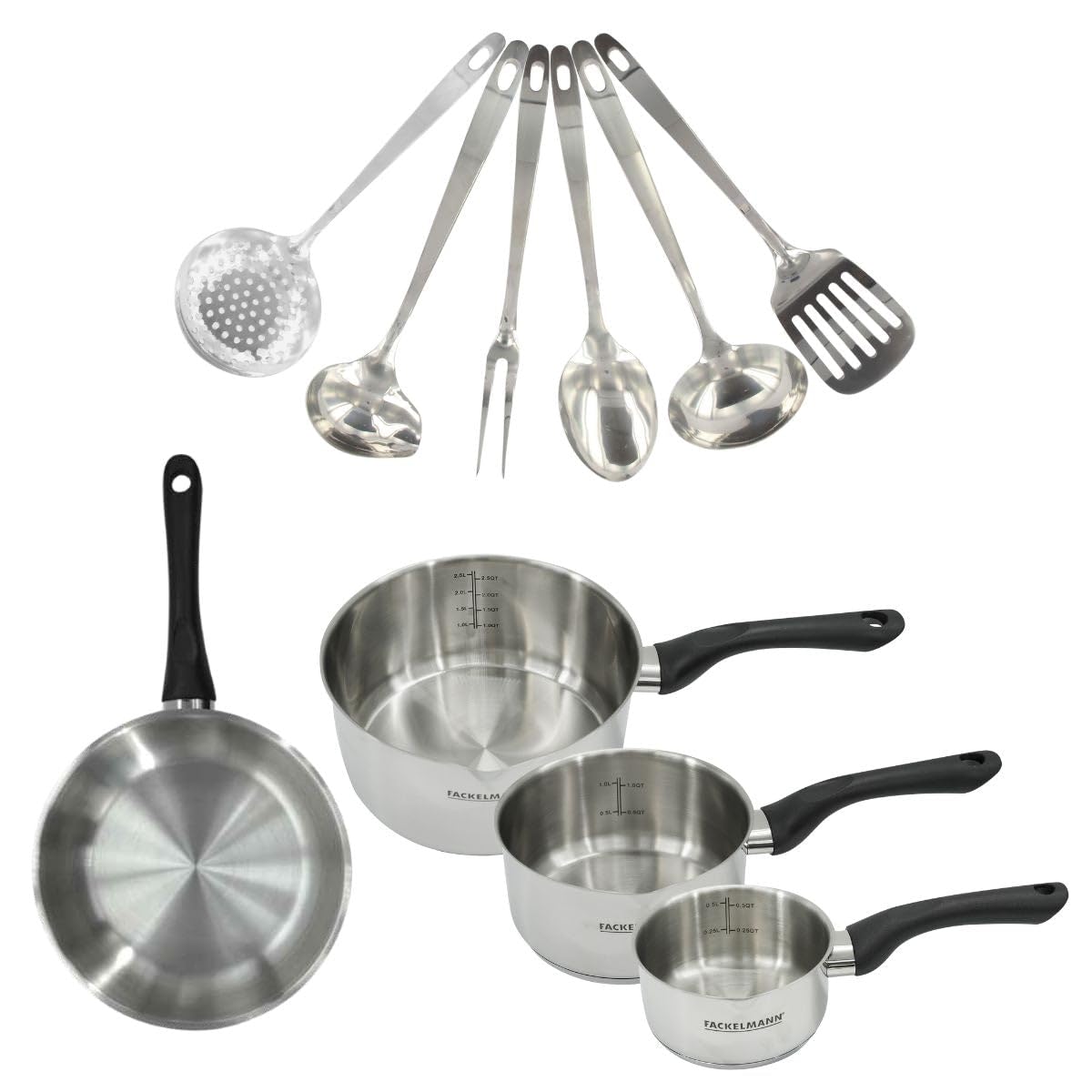 Fackelmann 9446150 Set mit 1 Pfanne 20 cm, 3 Stieltöpfen aus Edelstahl 18/8 und 6 Kochutensilien für alle Herdarten, Induktion, PFAS-frei, Edelstahl 18/8, 12, 16, 20 cm