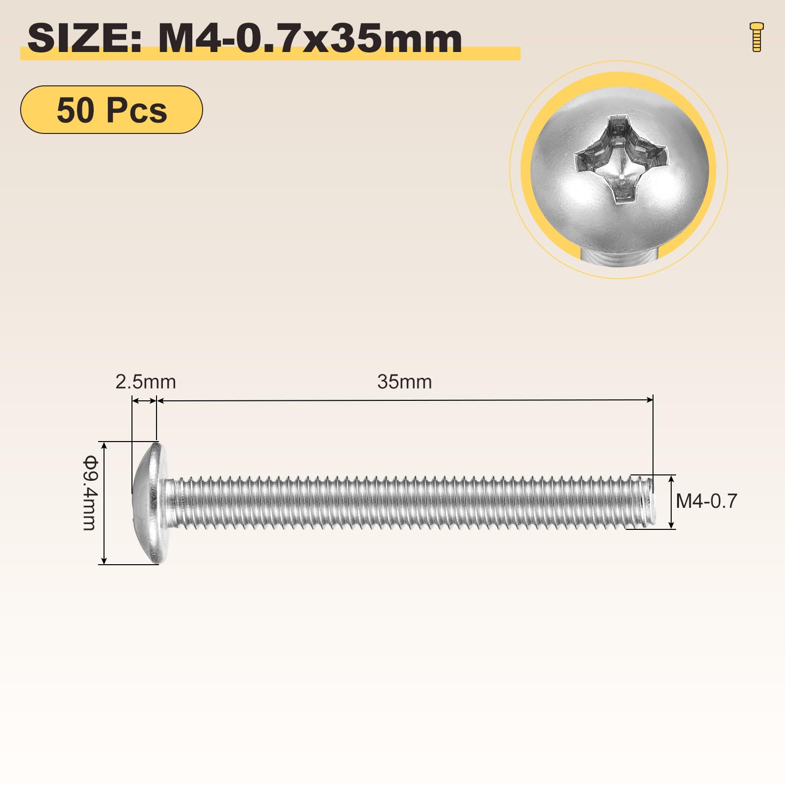 METALLIXITY Machine Screws Phillips Head(M4-0.7x35) 50Pcs, 304 Stainless Steel Round Head Phillips Drive Furniture Bolts - Image 2