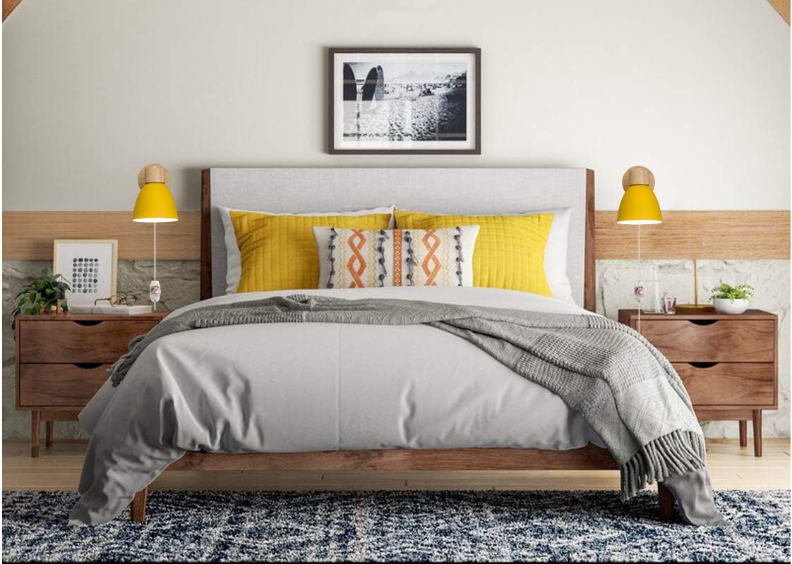 Adjustable Wall Sconces with UL Plug-in Dimmer Cord Bedside Reading Light E26 Aluminum Yellow Shade Macaron Dimmable Wall lamp Fixture for Hallway Kitchen Island Bathroom Lighting