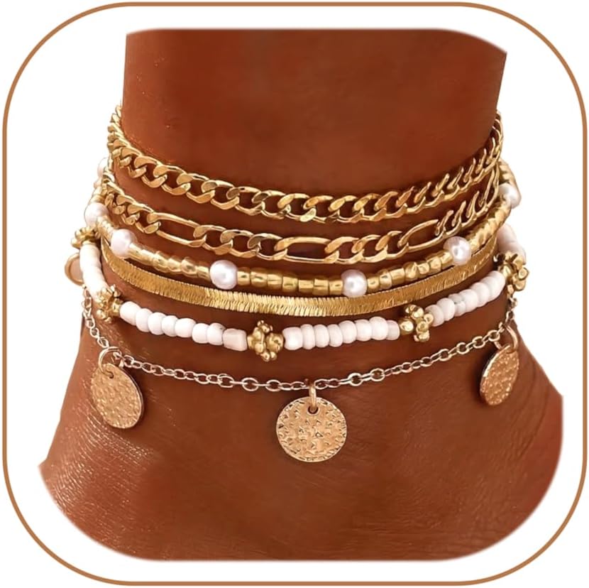 FAXHION Gold Anklets for Women Waterproof, Adjustable Boho Stacking Dangle Coin White Bead Cuban Link Chain Anklets Set, Summer Layered Beach Jewelry Gift for Women