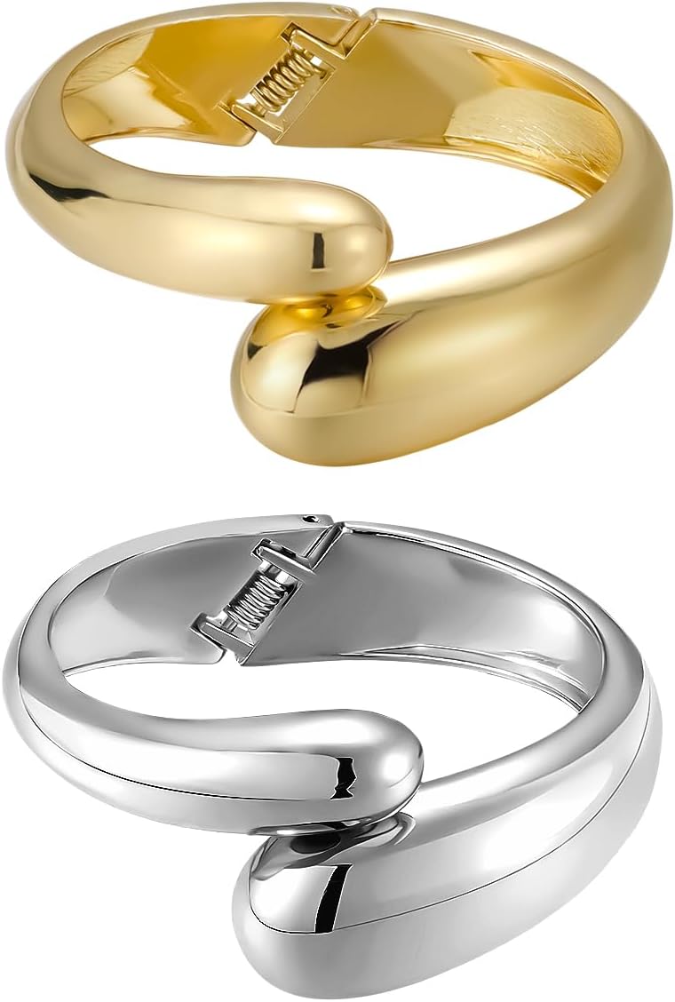 Emibele Cuff Bracelet Stack, 18K Gold-plated Open Bangle Bracelet, Teardrop Hinged Thick Wrist Chunky Bracelet Set for Women, Non Tarnish Jewelry Gift, 2 Pack