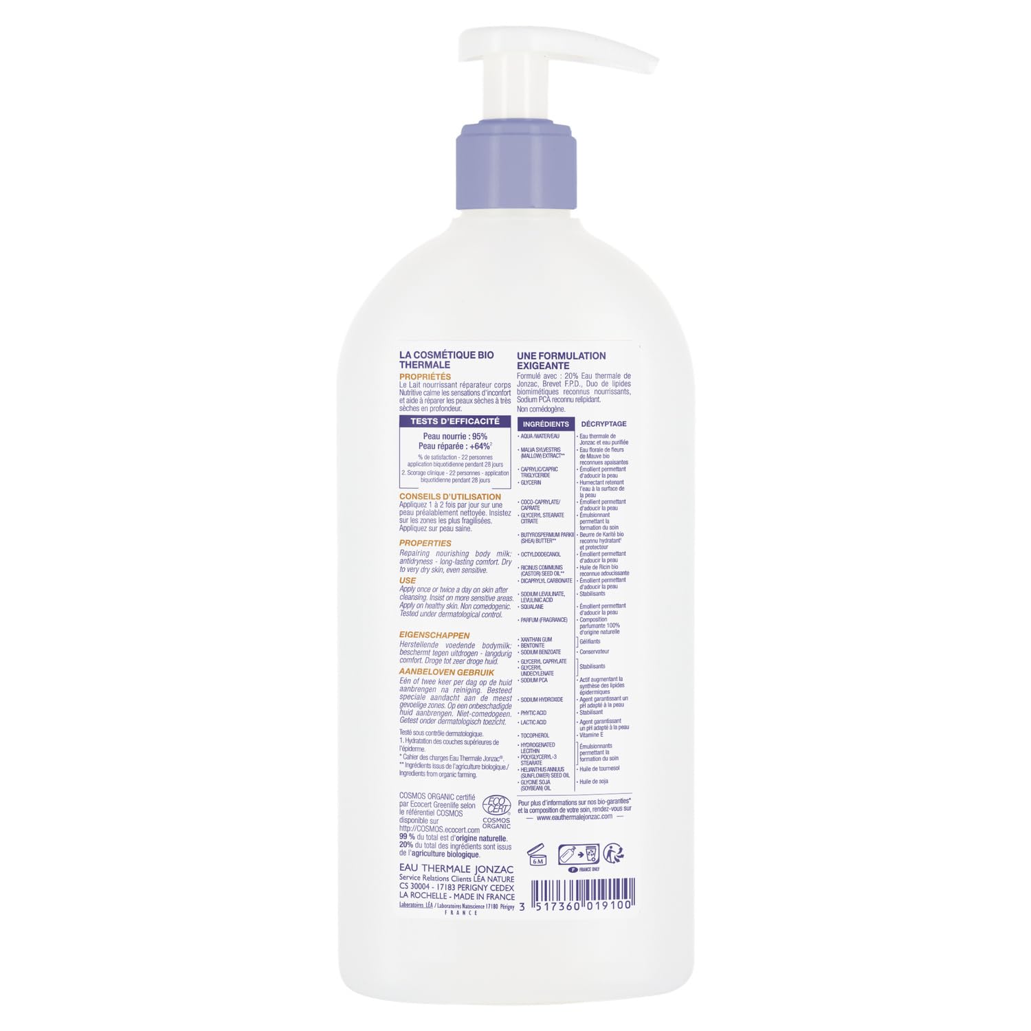EAU THERMALE JONZAC Lait Corps Réparateur Nourrissant Bio 400 mL - Peaux Sèches à Très Sèches - Flacon Pompe Haute Tolérance - 99% d'Origine Naturelle - Fabriqué en France - Lot de 2