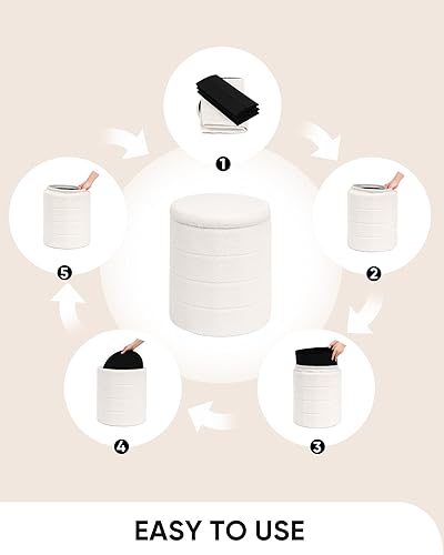 Miniatura 6 de B FSOBEIIALEO Otomana con Almacenamiento, Otomana Redonda de Almacenamiento Sherpa, Reposapiés de Boucle 37.1 cm x 37.1 cm x 45 cm (Blanco)