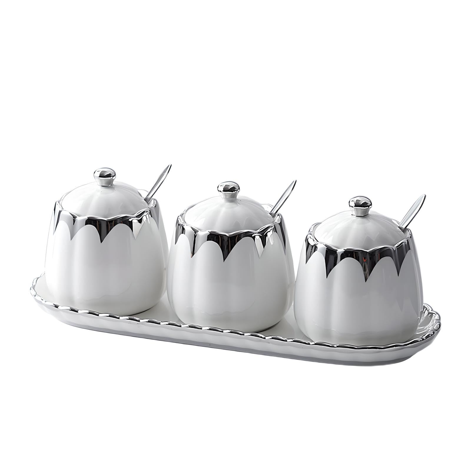 Milky Way Set of 3 Ceramic Condiment Pots Sugar Bowl,Porcelain Sugar Holder with 1Tray, Lid and Spoon Salt Container Modern Seasoning Jars for Counter Home and Kitchen (White silver)