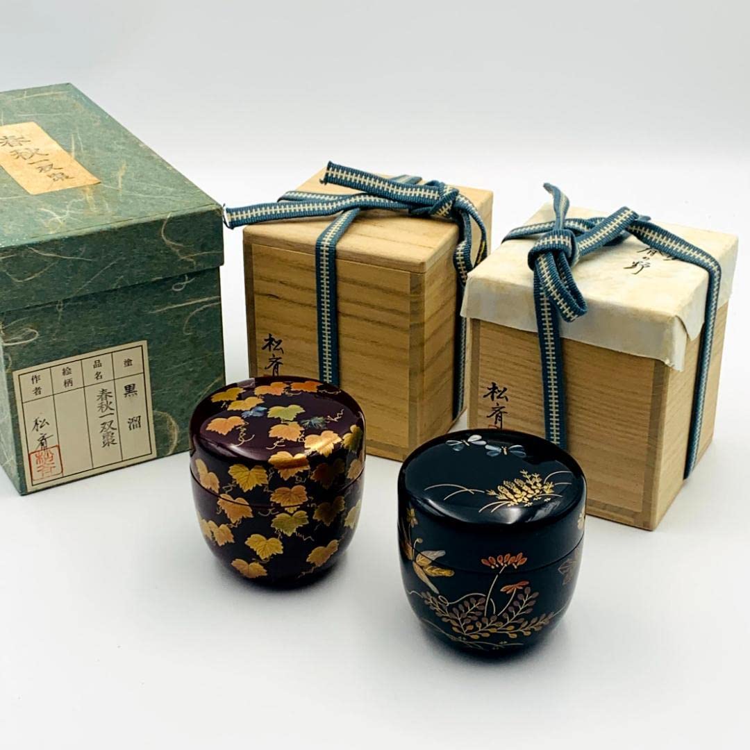 黒塗 棗セット　茶さじ付き なつめ Amazon.co.jp: 黒溜 松斎 春秋一双棗 黒塗 茶道具 茶器 なつめ 棗 2点