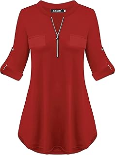 Odosalii Women's Plaid Tunic Blouse with Zip Up V Neck and Floral Print, Long/Short Sleeve Polo Top