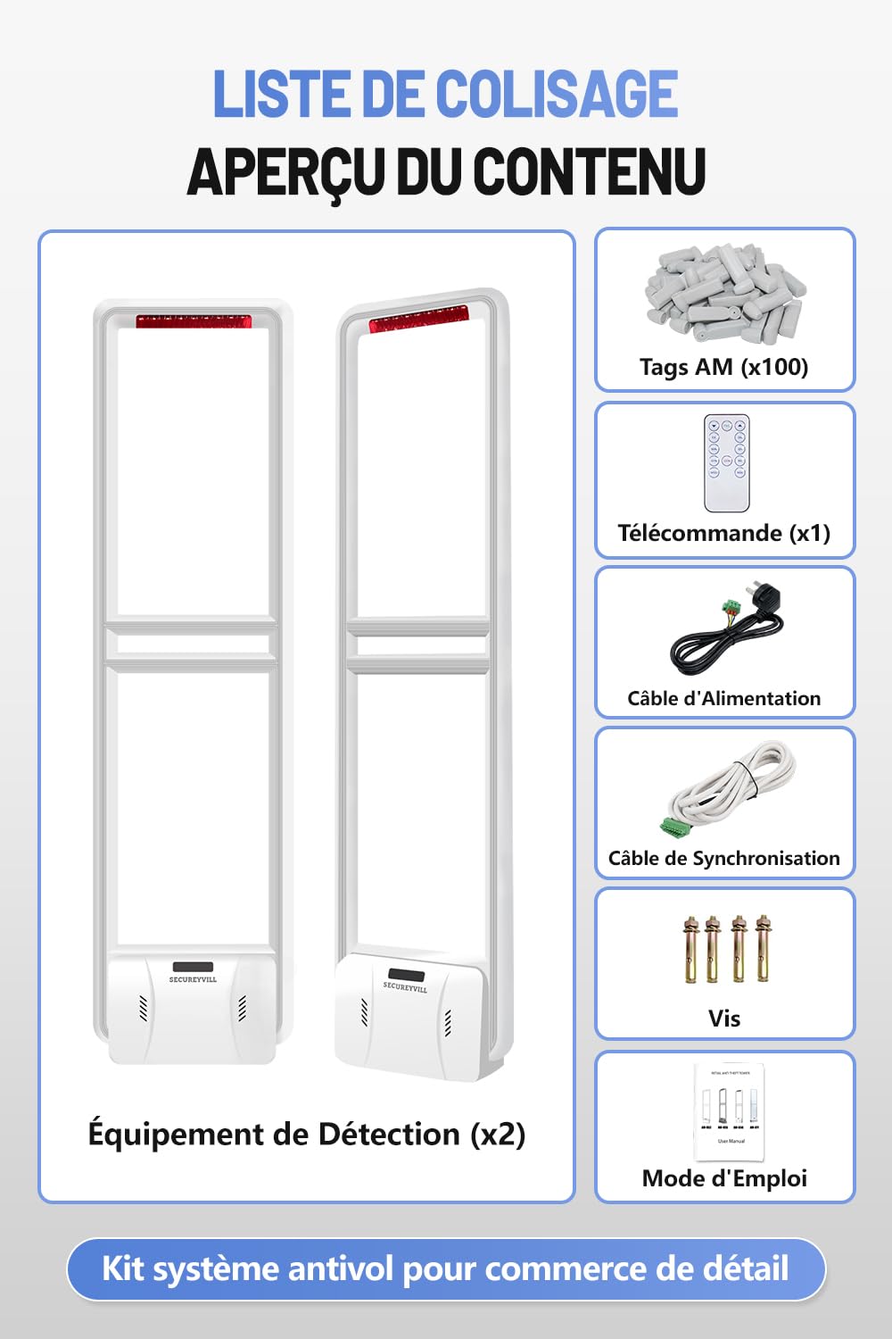 Portique Antivol Magasin, Antivol Commerce Tour d'alarme de sécurité AM 58khz avec 100 étiquettes et Accessoires Complets pour Supermarchés, Vêtements et Magasins de Jouets, Blanc
