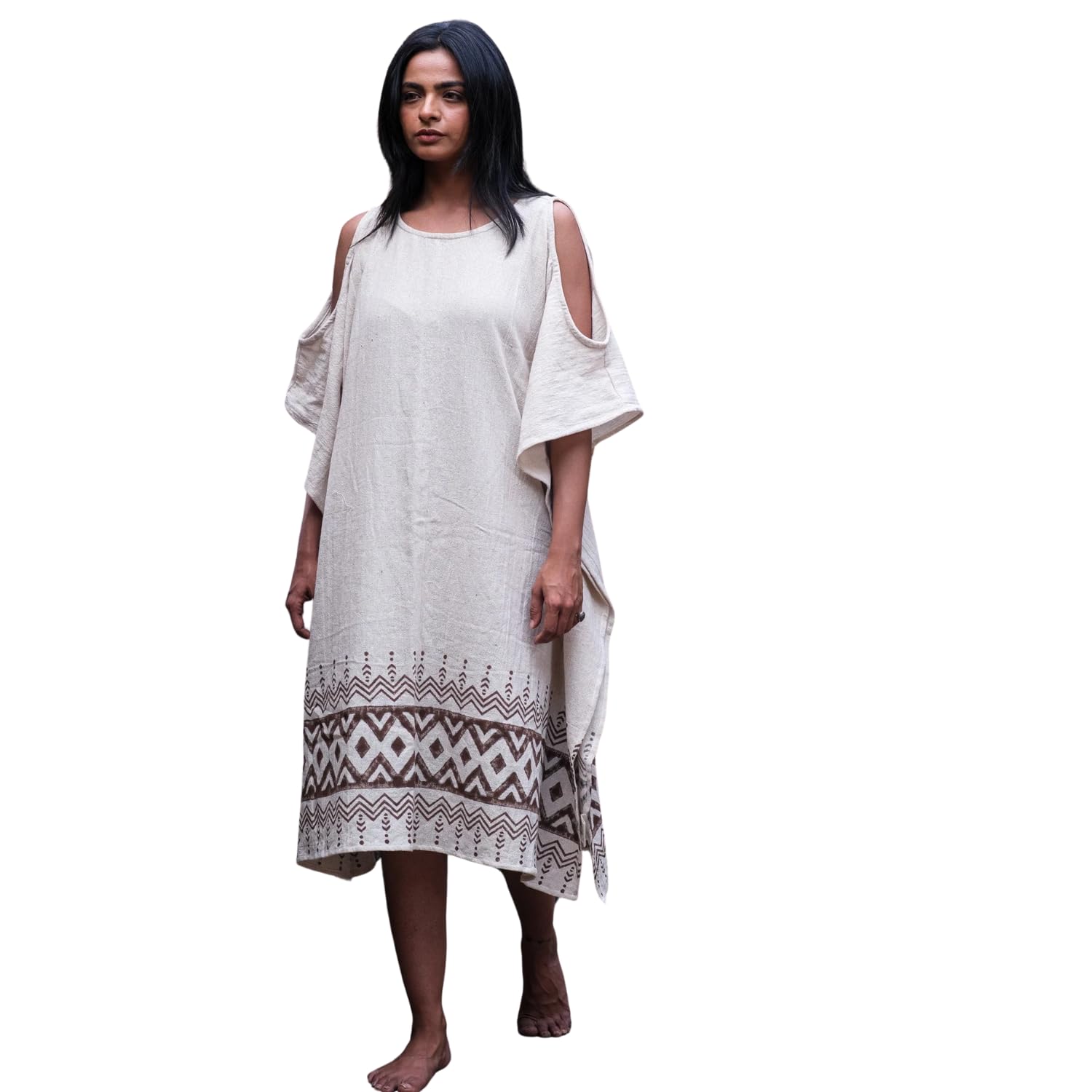 CRYSTALHEAL Chandra Boho Kaftan for Women – Hand Blockprinted Free Size Cotton Jute Blend Kaftan – Lightweight & Sustainable-Free Size White-image-36