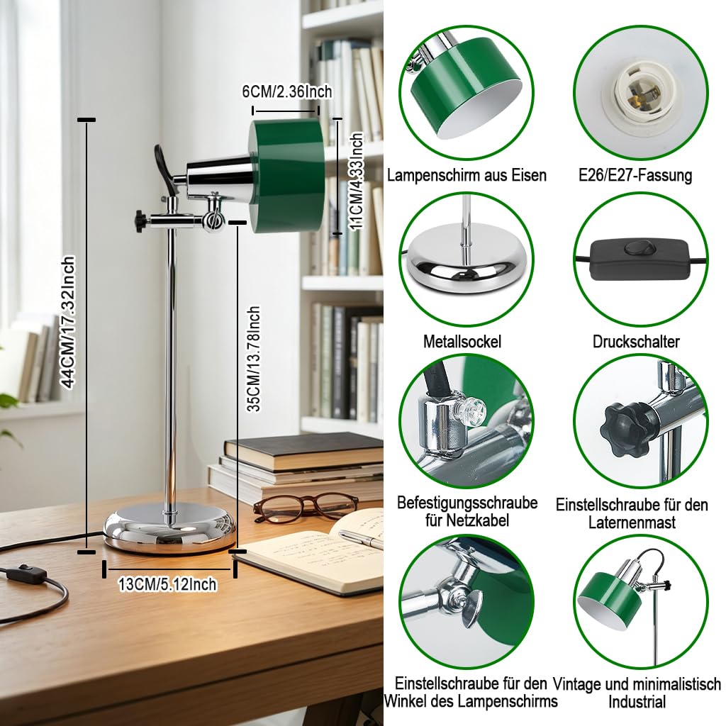 Schreibtischlampe E27,Verstellbarer Lampenschirm,Schreibtischlampe Retro | Grün Lampenschirm,Silber Base,Höhenverstellbar,Tischlampe Chrom,Schlafzimmer Büro Lernen,Vintage Nachttischlampe Leselampe