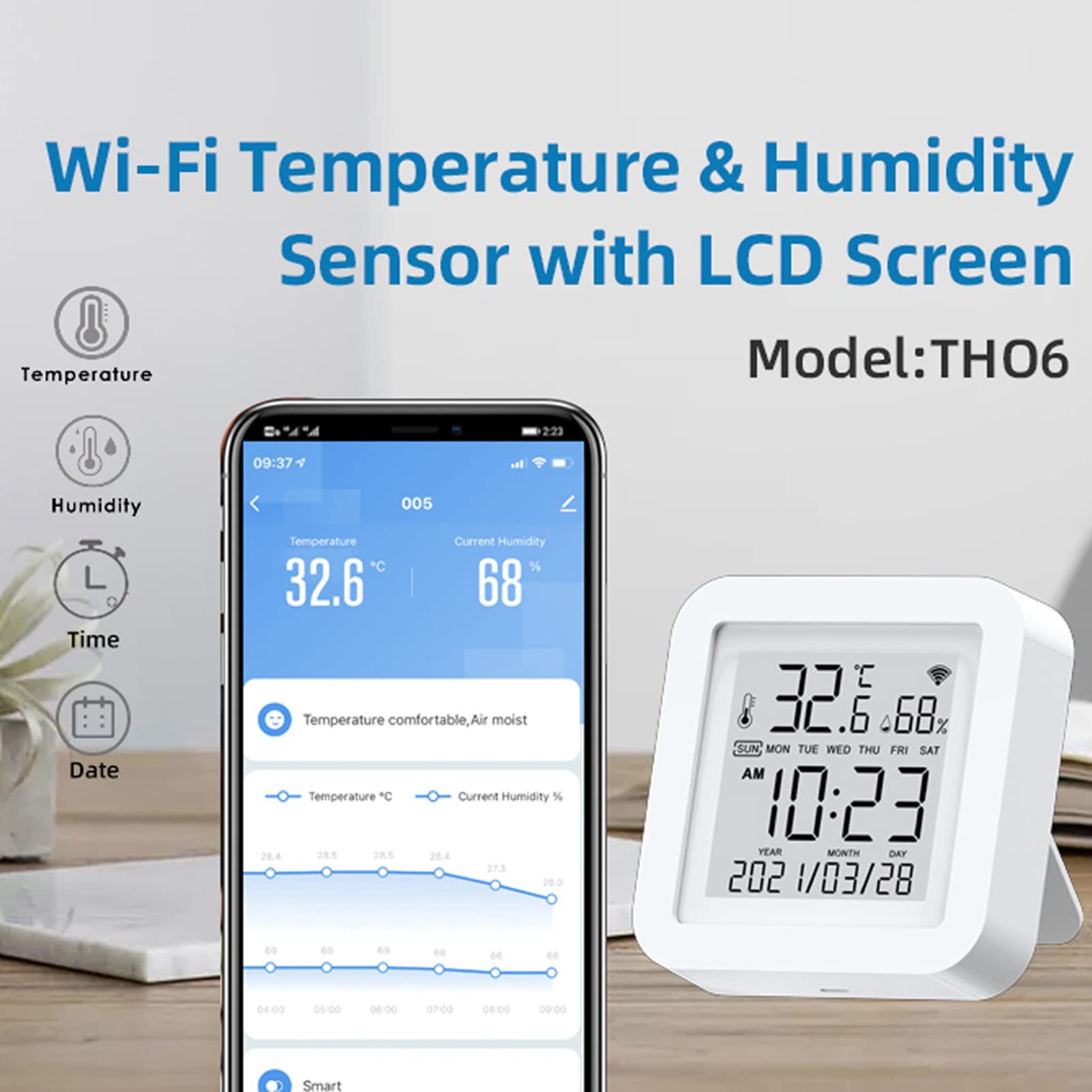 Écran LCD WiFi Tuya - Capteur Intelligent Température Humidité Horloge - Compatible Alexa Google Home