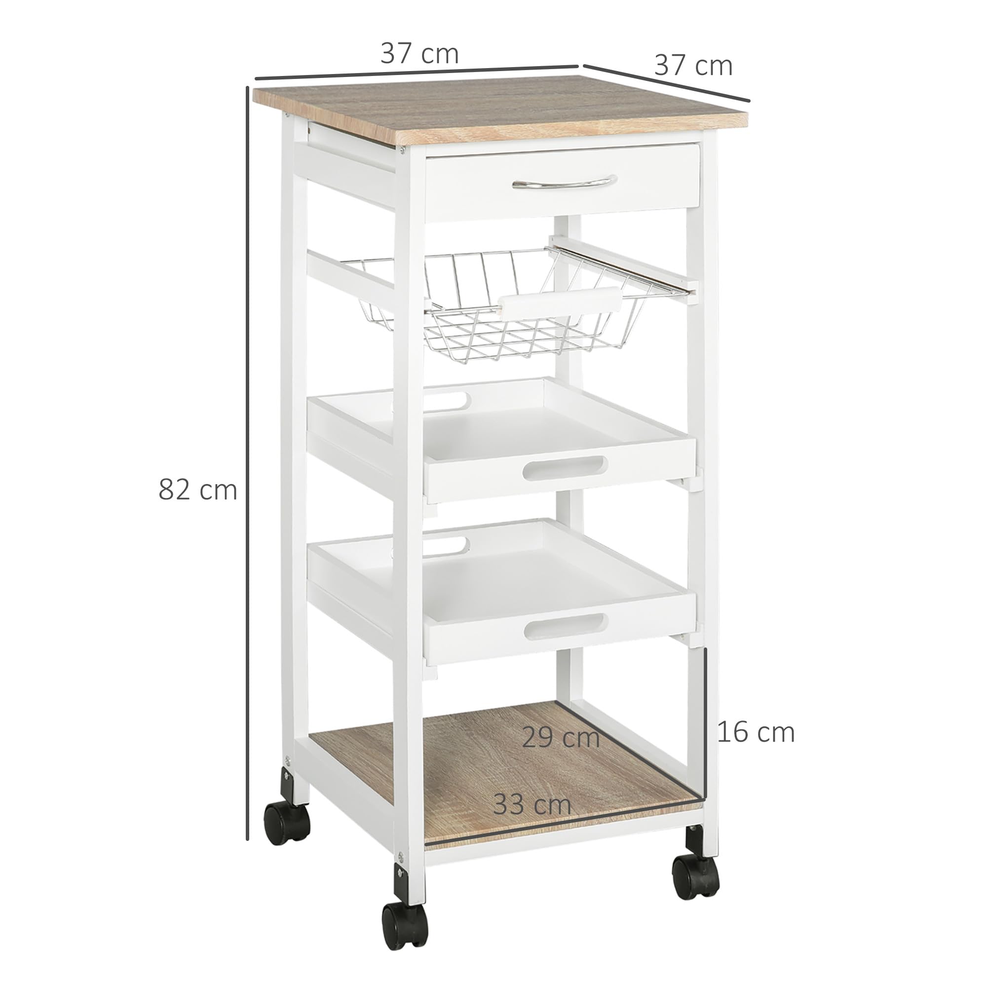 HOMCOM Carrello da Cucina Salvaspazio in Legno di Pino e MDF, Carrello Portaoggetti con Cassetto, Cestello, 2 Vassoi e 4 Ruote Universale, 37x37x82cm, Bianco