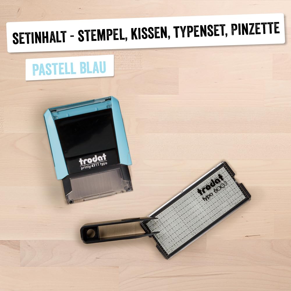 Trodat Printy 4911 Stempelset in Pastell Blau zum Selbersetzen - 3 Textzeilen, Abdruck 38x14 mm, Deutsch, inkl. Pinzette, Stempelkissen schwarz & Buchstaben- und Zahlenset in einer Größe