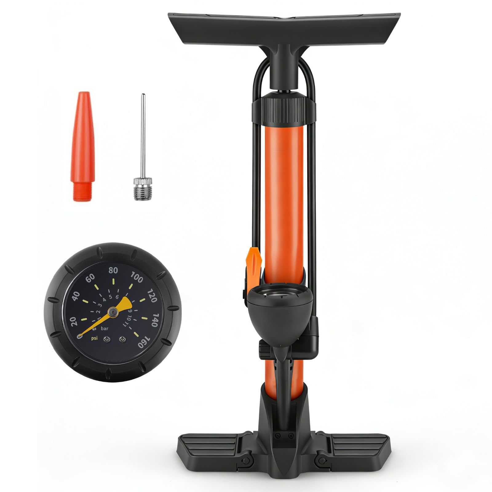 Pompa per Bicicletta, Pompa da Pavimento per Bici con Manometro, Pompa ad Aria per Bicicletta, per Valvole Presta e Schrader, Alta Pressione 160 PSI, per Bicicletta, Moto, Arancione