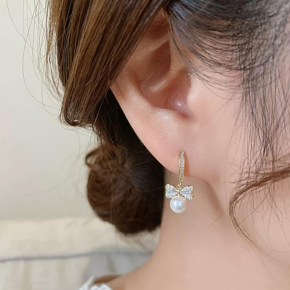 MIKAMU 14K Gold Ribbon Bow Stud Hoop Earrings for Women CZ cubic zirconia Dainty Gold Plated Pearl Earring for Women Jewelry - Image 3