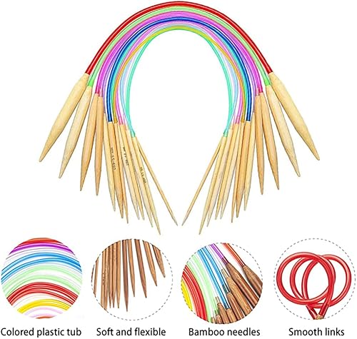 Miniatura 4 de Juego de 18 agujas de tejer circulares de bambú, 18 tamaños, agujas de tejer de bambú de doble punta con tubo de plástico de color para hilo para