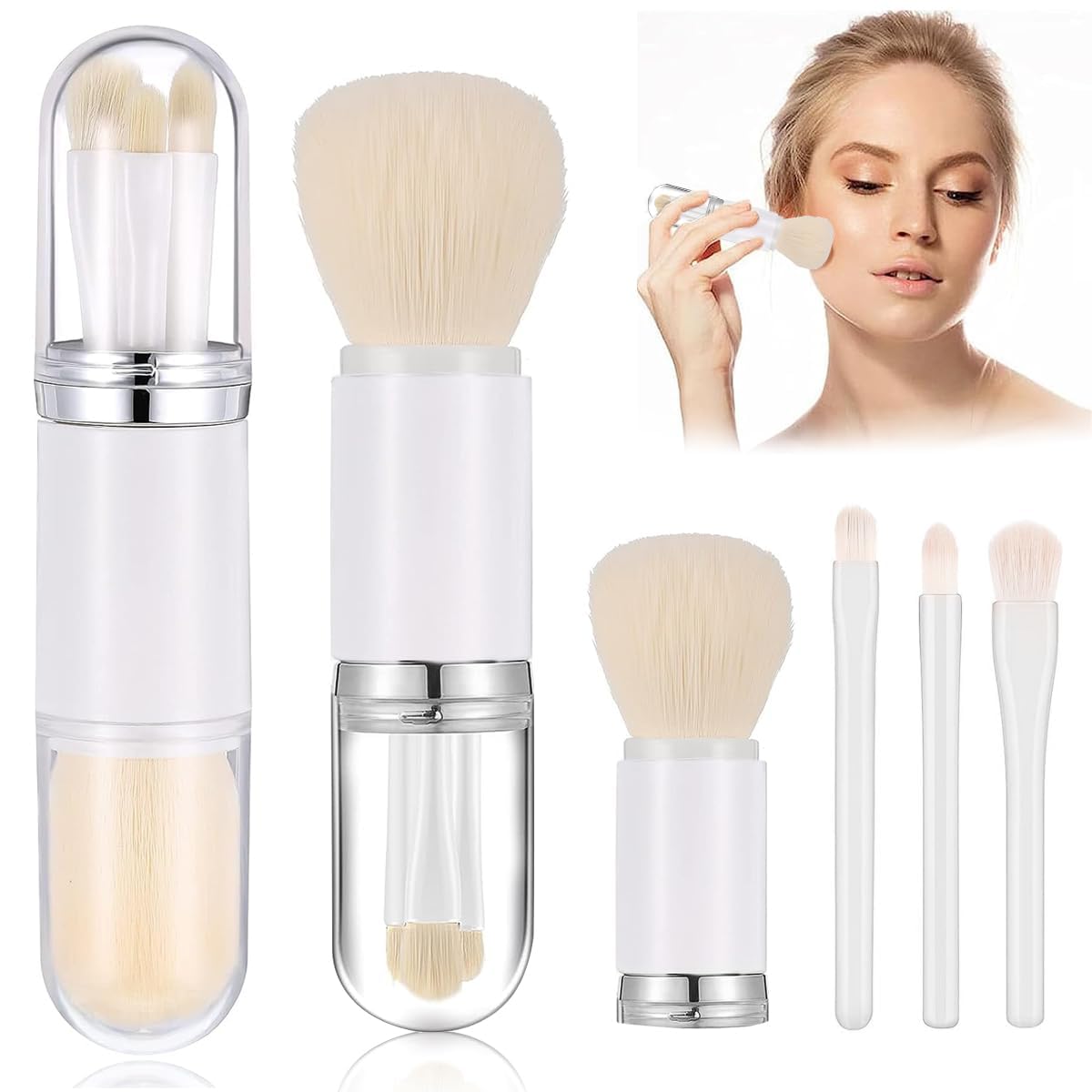 SKINPLUS Makeup Brush Set 4 in 1 Portable Travel Blending Powder Foundation Brush, Lip Brush, Highlight Brush, Eyeshadow Brush, Retractable Mini Facial Cosmetic Brush Kit (White)