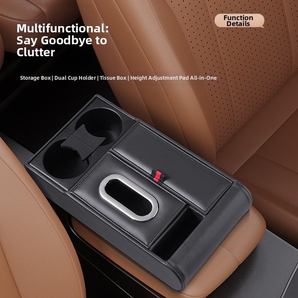 Boîte à mouchoirs pour voiture avec accoudoir et support de téléphone, boîte de rangement avec repose-coude, organiseur de véhicule avec distributeur de mouchoirs (noir)