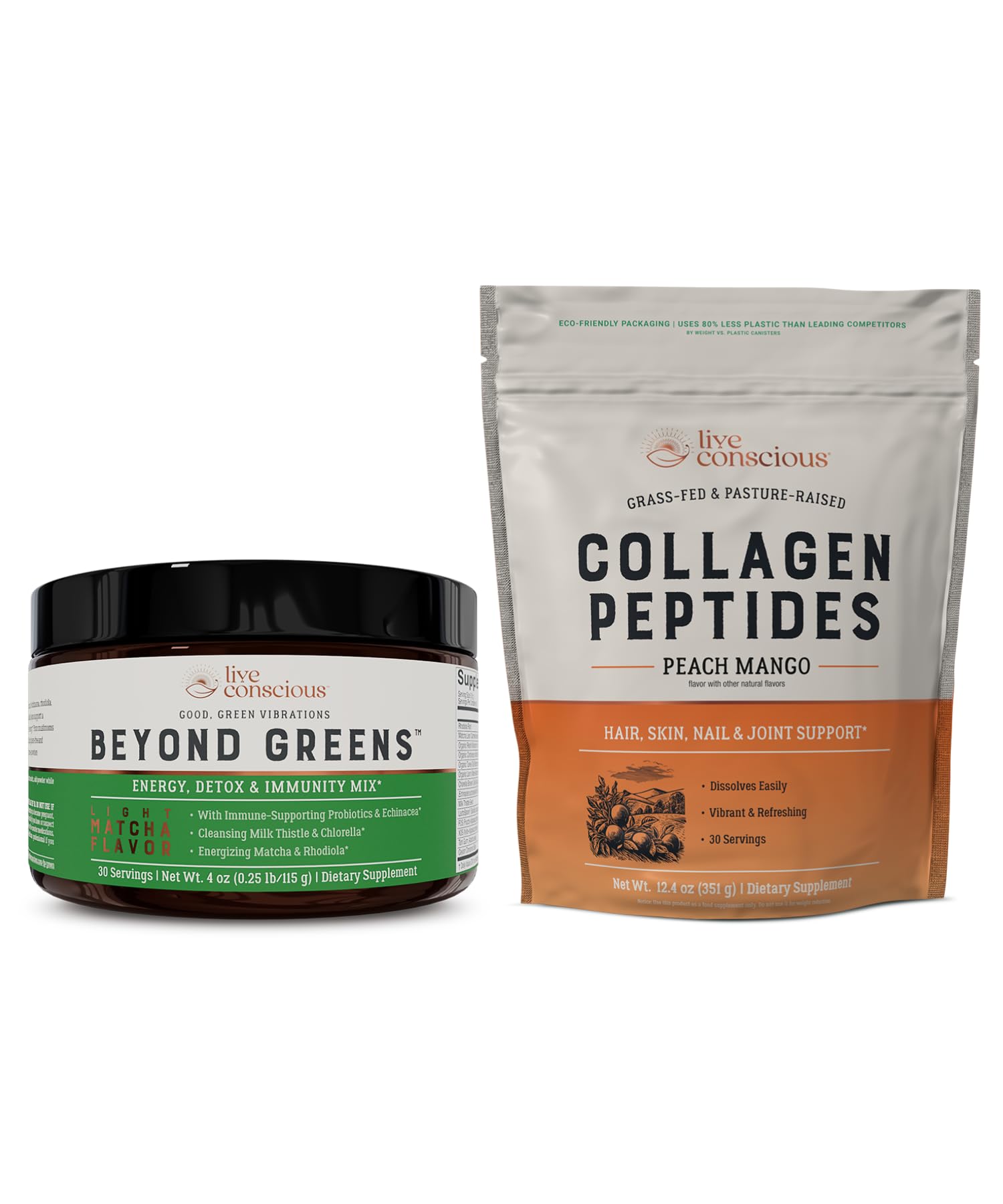 Live Conscious Beyond Greens Collagen Peptides Peach Mango Mushroom Coffee Alternative Low Caffeine Hair Skin Nail and Joint