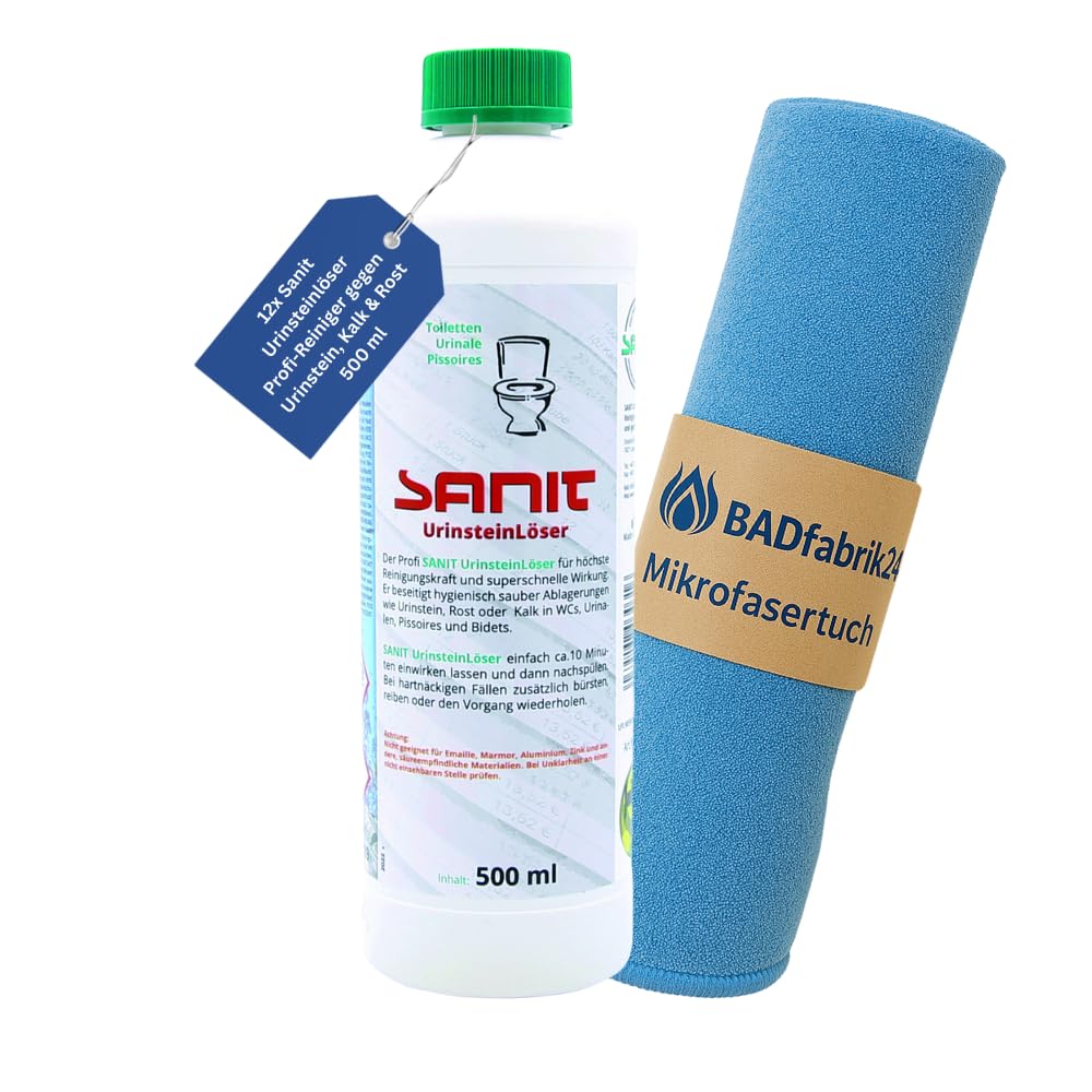 Sanit Urinsteinlöser 12 x 500 ml mit Mikrofasertuch 40 x 40 cm gegen Urinstein, Kalk und Rost für WC, Urinal, Bidet und Waschbecken