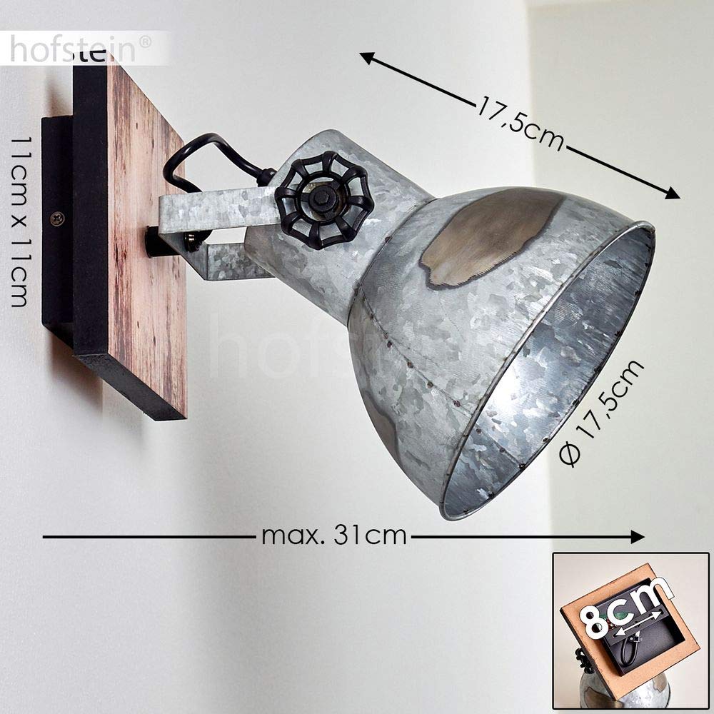Wandleuchte Hora, verstellbare Wandlampe aus Stahl in Schwarz/Silber m. Holzoptik, 1-flammig, 1 x E27-Fassung, Wandspot im Retro/Vintage Design m. Gitter-Optik, ohne Leuchtmittel