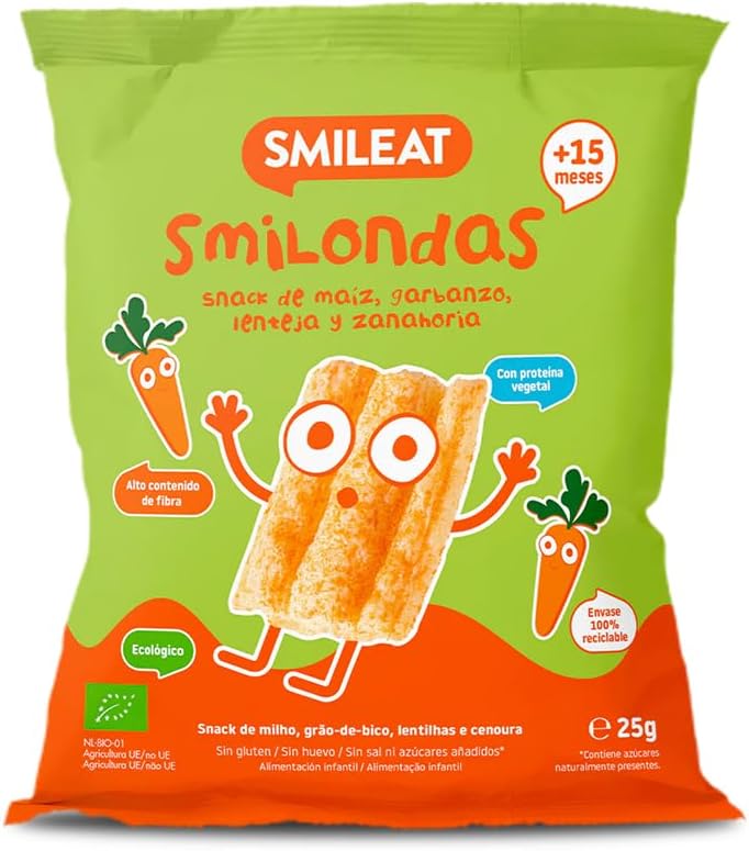 Smileat Smilondas | Snack Ecológico de Maíz, Garbanzo, Lenteja y Zanahoría | Para Bebés desde 15 Meses | Horneadas con Ingredientes Reales | Alternativa para una Merienda | 1 x 25g