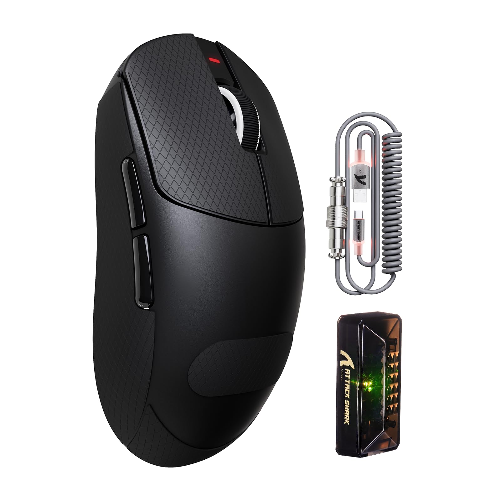 ATTACK SHARK X8PRO 55g ultraleichte Kabellose Gaming-Maus mit Spiralkabel & Griffband, Mittelgroße/Große Hände, 8K-Polling Rate, 2,4 G/Wied/BT, 500 mAh, 40K DPI, Optischer Sensor PAW3395 - Schwarz