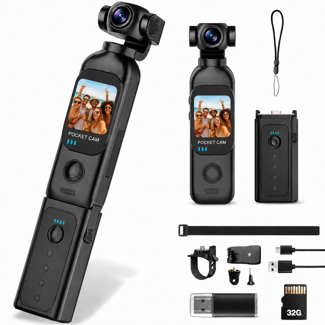 Vlog Kamera 1080P, Mini Pocket Camera/Bodycam mit Ladegriff für Lange Laufzeit, 32 GB Karte, 270°/130° Drehobjektiv, WiFi, 1,33" Touchscreen, tragbare POV Kamera für Alltag