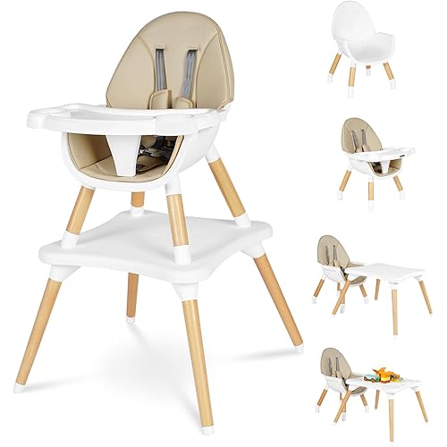 6 in 1 High Chair for Babies & Toddlers, Convertible Wooden Baby Highchair, Table and Chair Set, Baby Feeding Chair, 5-Point Adjustable Harness/4-Position Removable Tray& PU Seat Cushion(Beige)