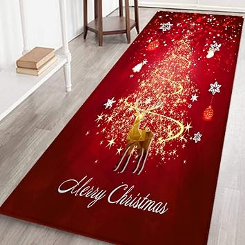 Red Christmas Runner Rugs,6 x 2 Ft Non-Slip Christmas Area Rugs,Washable Reindeer Santa Xmas Tree Red Xmas Rug for Hallway Living Room Bedroom,Christmas Floor Rug,Christmas Carpet Reindeer